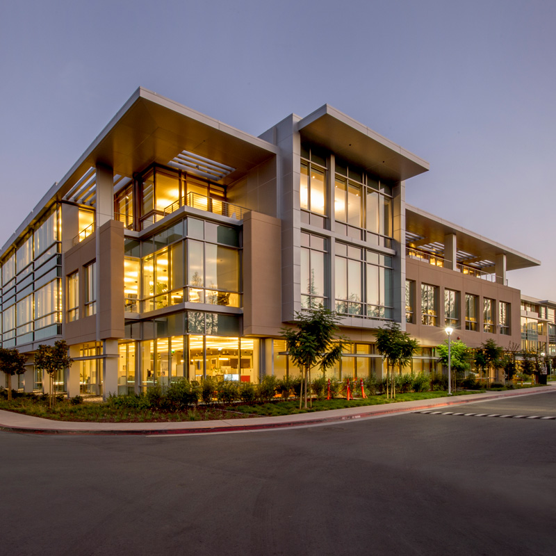 commercial building with lights on